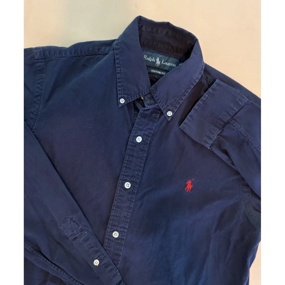 Polo Ralph Lauren Small Navy Blue Seersucker Button Down Long Sleeve Custom Fit